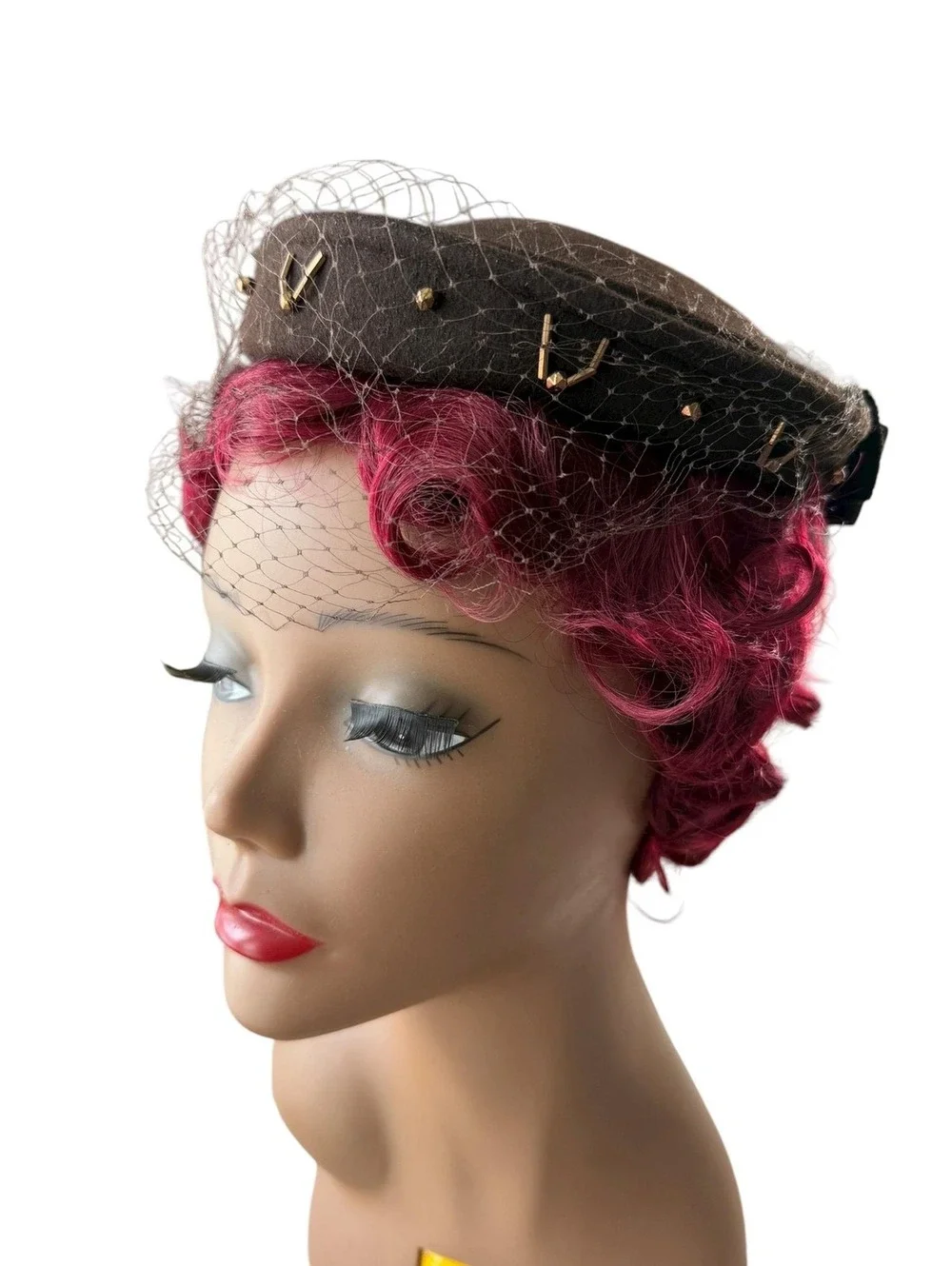Vintage 1950s Brown Felt Pillbox Hat: Beaded Veil Fascinator